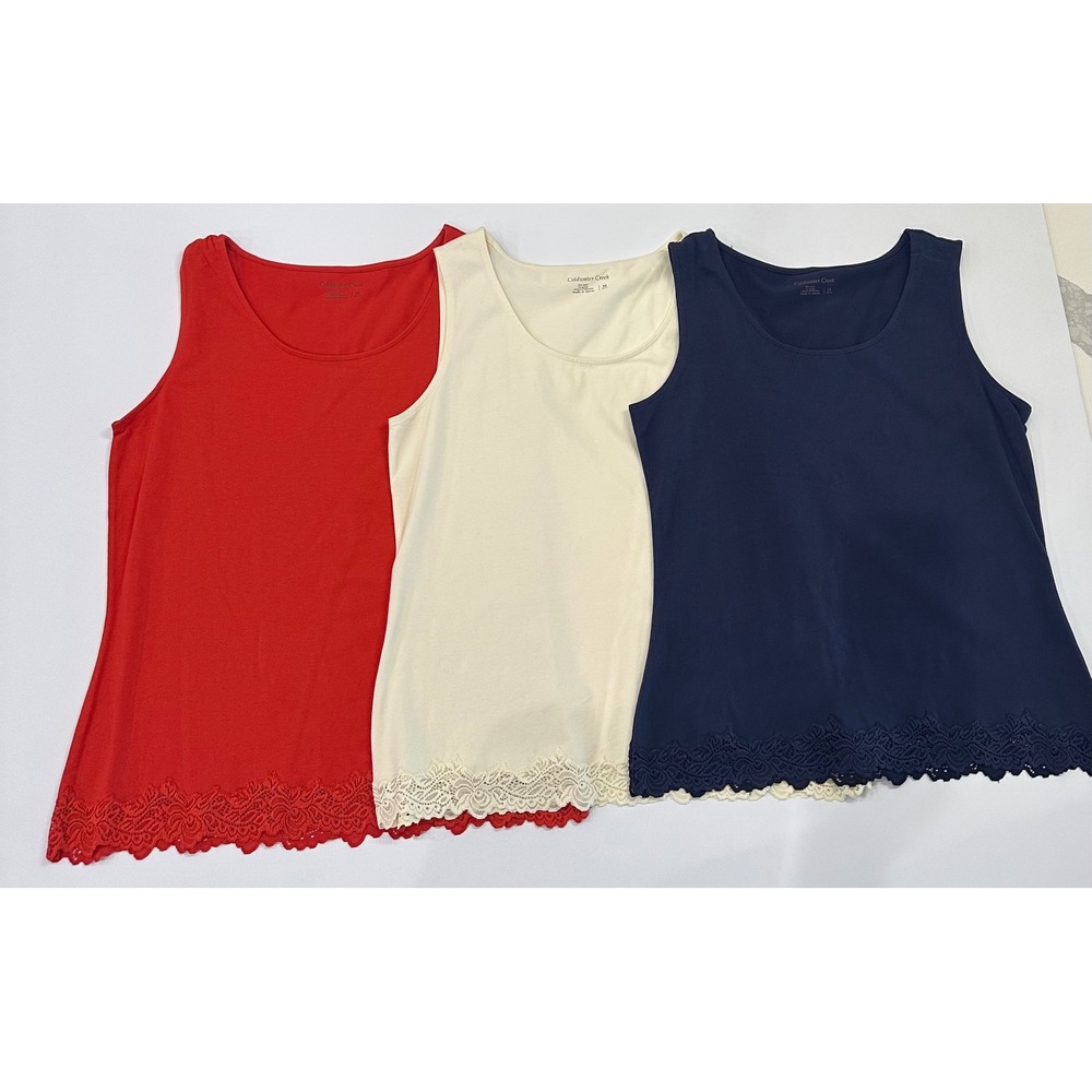 Coldwater Creek Women Medium Lace Trim Tank Top Lot 3 Red Cream Navy Cotton Mix